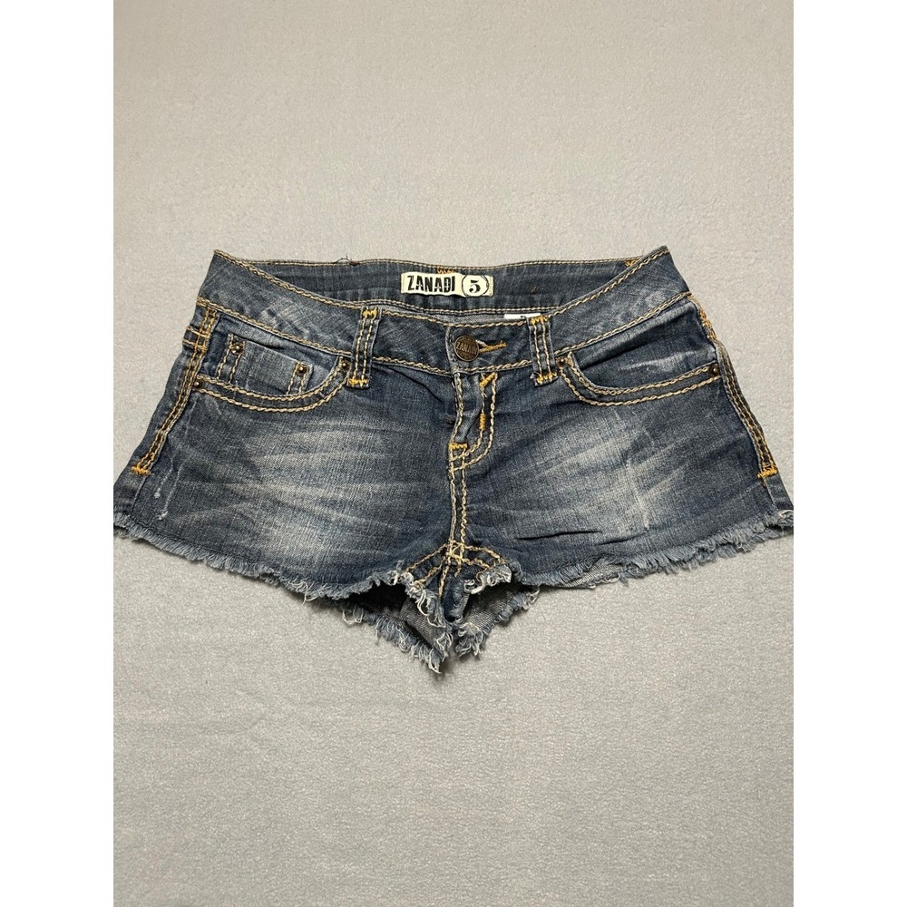 Zanadi Womens Low Rise Denim Shorts Dark Wash Contrast Stitch Size 5 Cut Offs